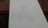 Red mushrooms and black butterfly